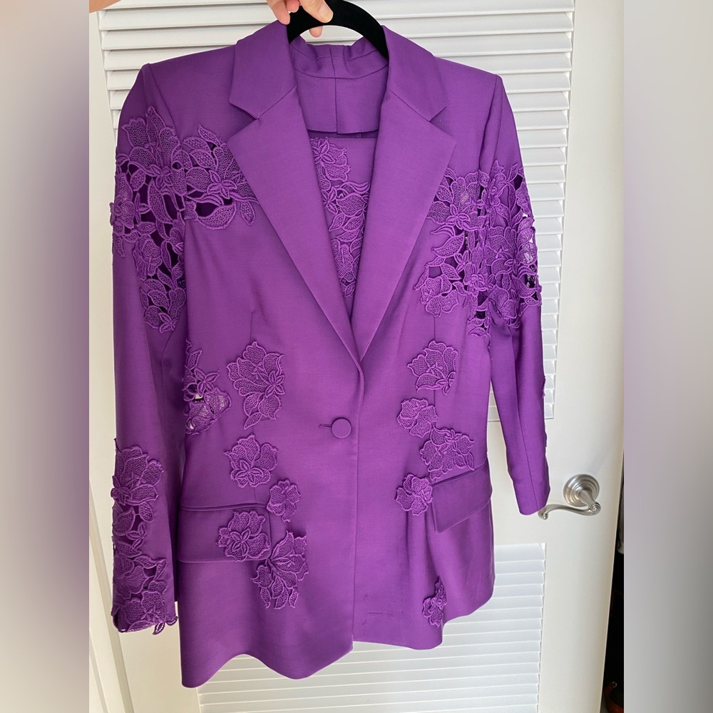 Oscar de la Renta purple virgin wool guipure embroidered flower  jacket blazer - Picture 2 of 4